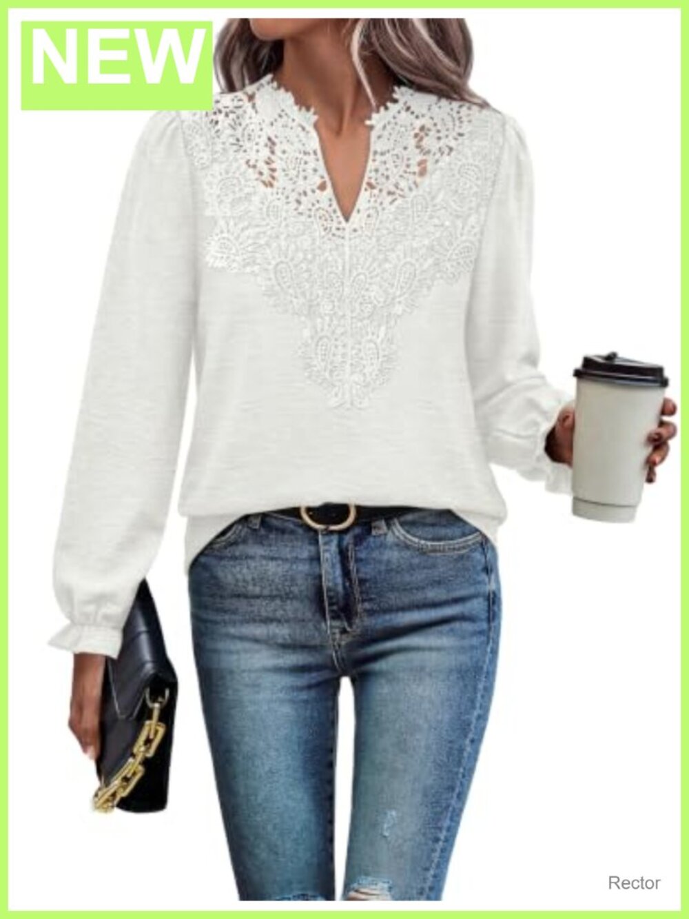 Womens Lace Long Sleeve V Neck Blouse Boho Relaxed Fit Top